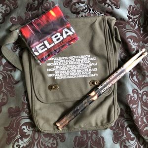 Nickelback bag, drumsticks, bandana
